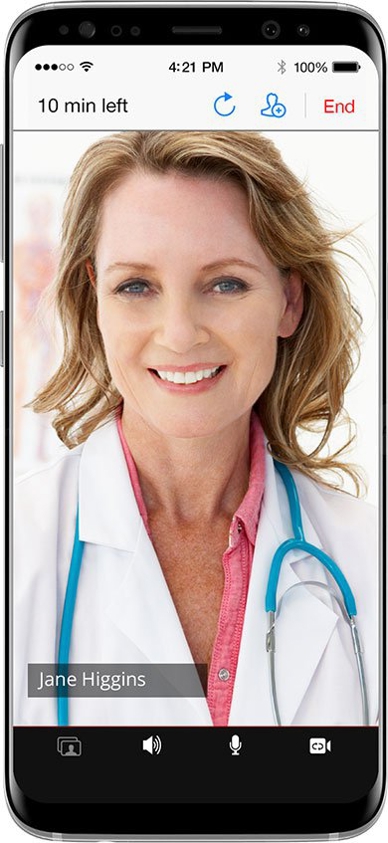 Black handheld device displaying practitioner with stethoscope